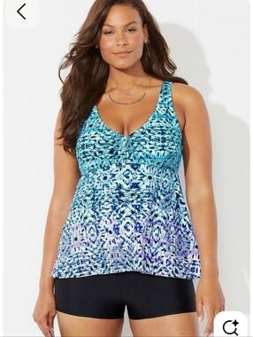 NWOT Swimsuits For All Blue & Teal Patterned Tankini Swim Top Size 26